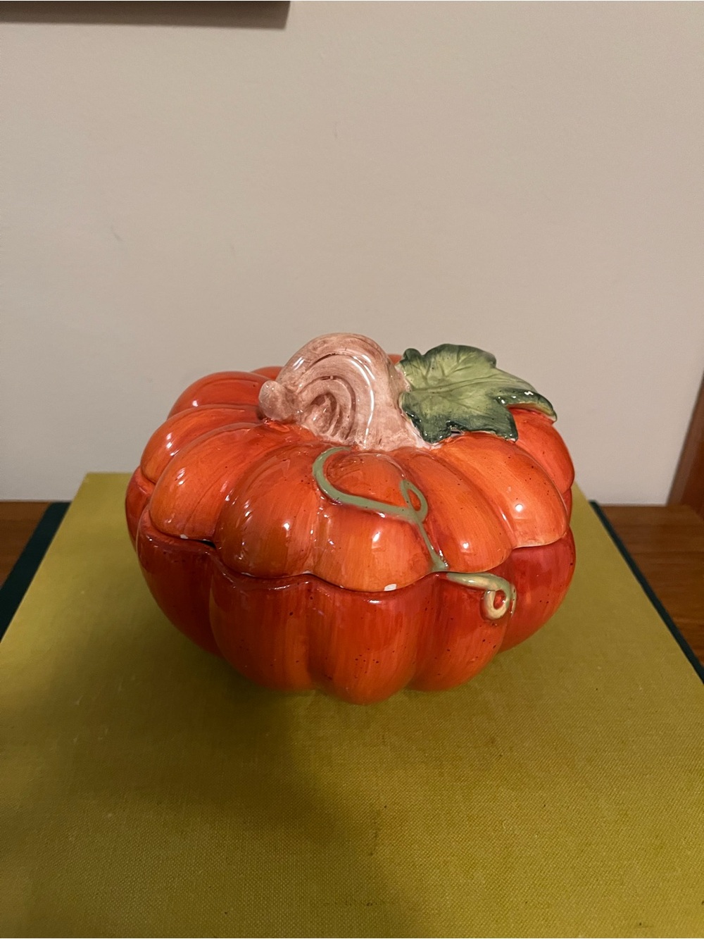 Ceramic Pumpkin Trinket Box - Orange with Green Leaf